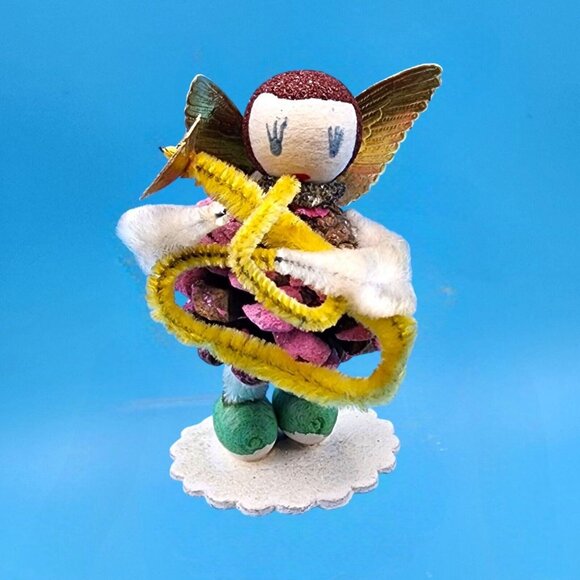 Vintage Putz Angel Ornament Pinecone Chenille Gold Foil Horn Mica Snow Japan Chr - Picture 3 of 10